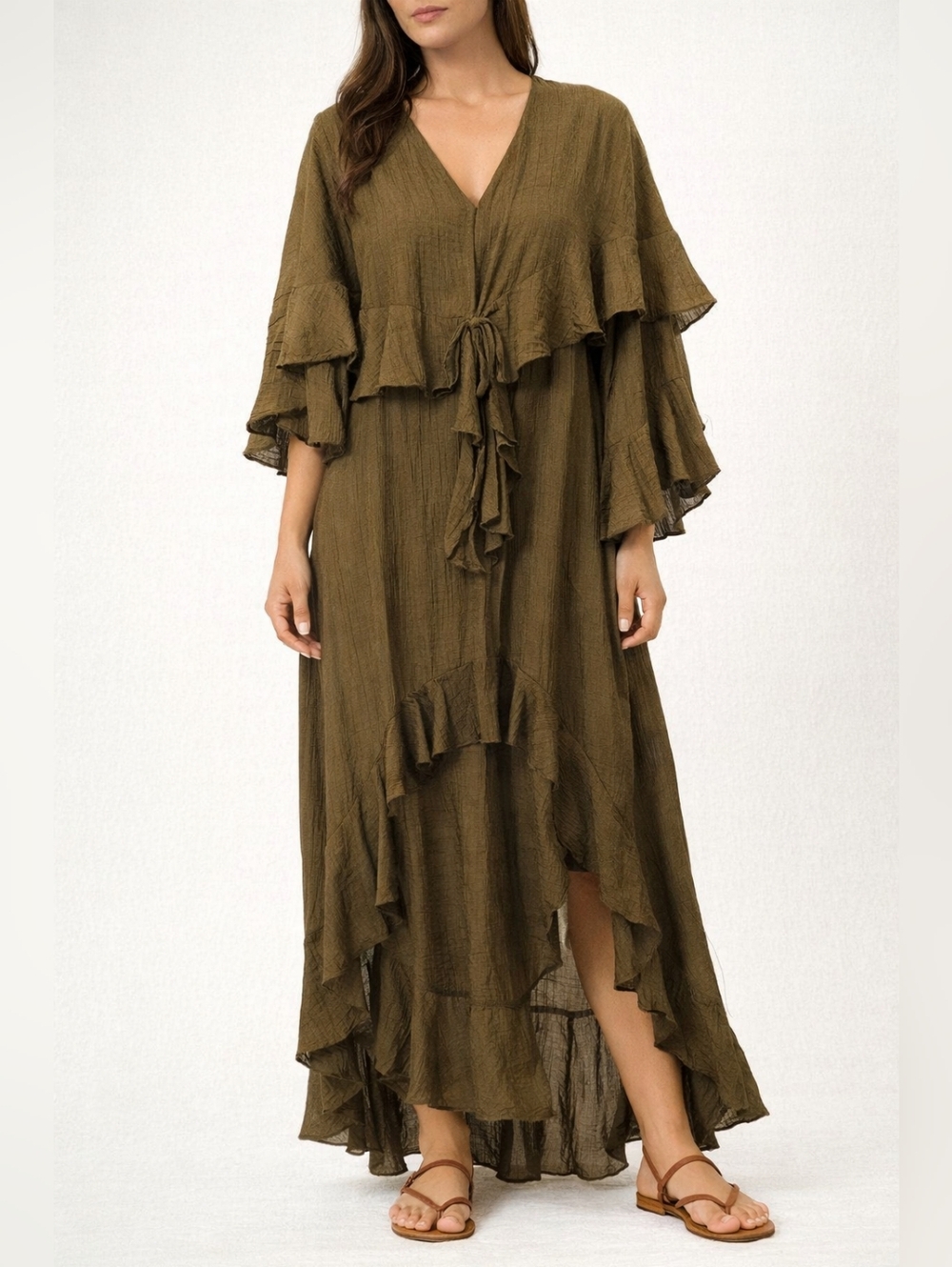 BOHO OLIVE GREEN RUFFLE MAXI DRESS FLOWY HIGH LOW HEM V-NECK